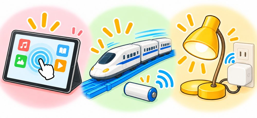 タップされるiPad、走る電車のおもちゃ、点灯したライト