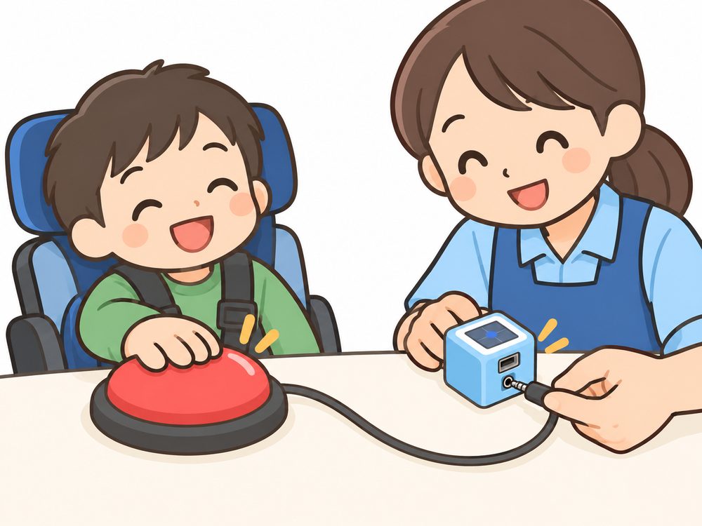 車いすの子どもが赤いドーム型の福祉スイッチに手を置き、隣で介助者がスイッチのプラグをM3キューブに挿している様子