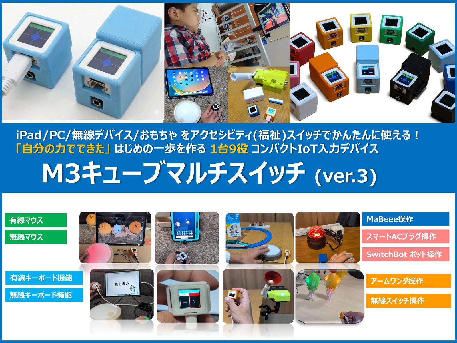 M3キューブマルチスイッチ ver.3 のサムネイル。iPad操作の様子と全10色のキューブ