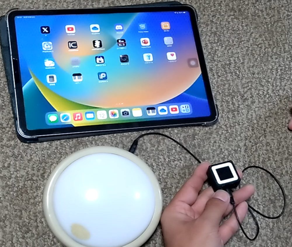 iPadのホーム画面の前で、大きな福祉スイッチとM3キューブを手に持っている様子